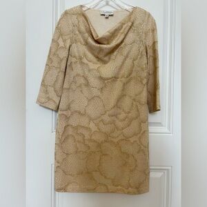 St. John Evening Gold Beaded Cowl Neck Mini Dress with 3/4 Sleeve